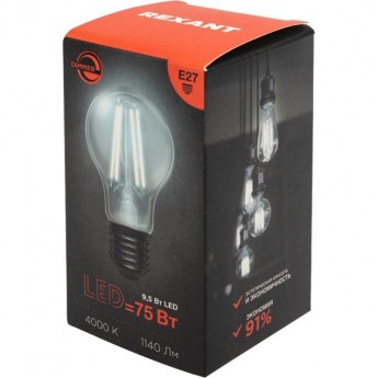 Лампа филаментная REXANT ГРУША A60 9,5Вт 1140Лм 4000K E27 диммируемая, прозрачная колба Лампа филаментная REXANT ГРУША A60 9,5Вт 1140Лм 4000K E27 диммируемая, прозрачная колба