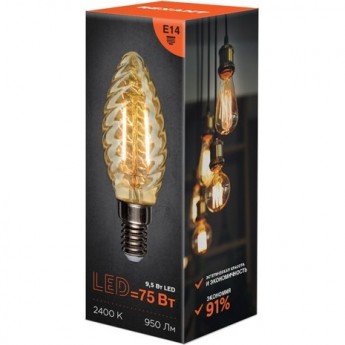 Лампа филаментная REXANT ВИТАЯ СВЕЧА LCW35 9,5Вт 950Лм 2400K E14 золотистая колба Лампа филаментная REXANT ВИТАЯ СВЕЧА LCW35 9,5Вт 950Лм 2400K E14 золотистая колба