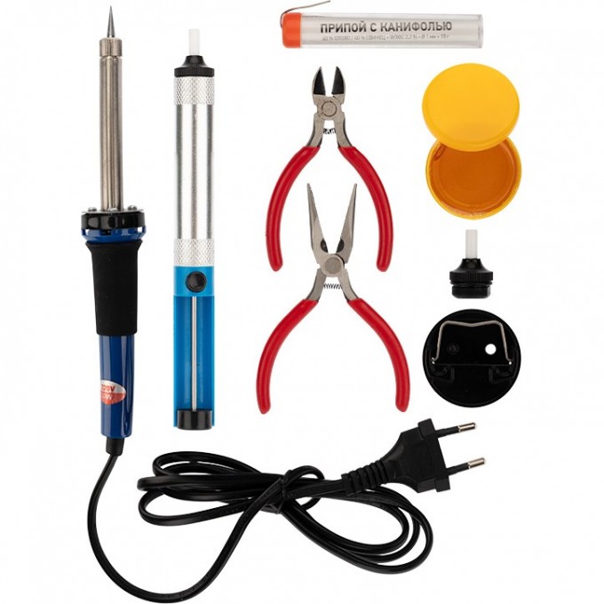 Набор для пайки REXANT №13 (паяльник 30Вт, подставка, канифоль, припой, бокорезы, тонкогубцы) 12-0166