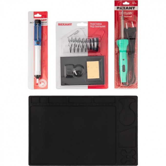 Набор для пайки REXANT К20 продвинутый (паяльник с подсветкой, подставка, экстрактор, коврик) 09-3760