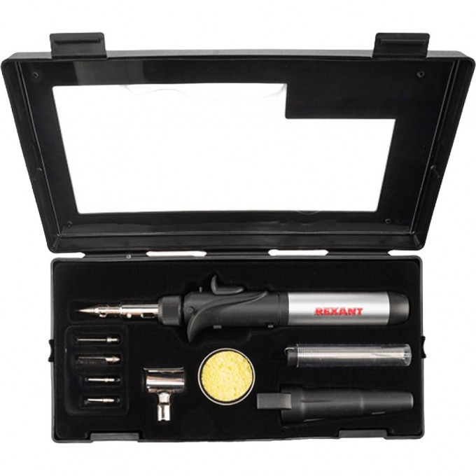 Паяльник-горелка с пьезоподжигом REXANT газовый, 17мл, 6 насадок + припой + губка, коробка 12-0505