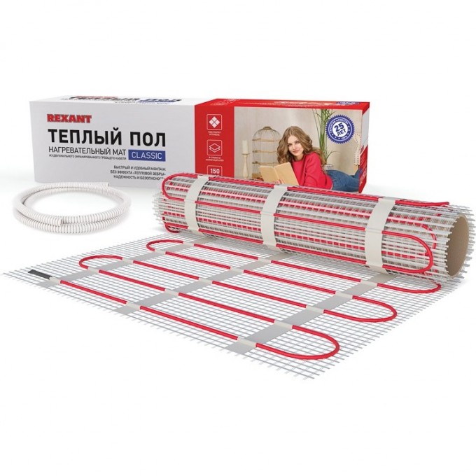 Теплый пол, нагревательный мат REXANT CLASSIC RNX-11-1650, двухжильный, с экраном, площадь 11 м², 0.5х22 м, 1650 Вт 51-0520-2